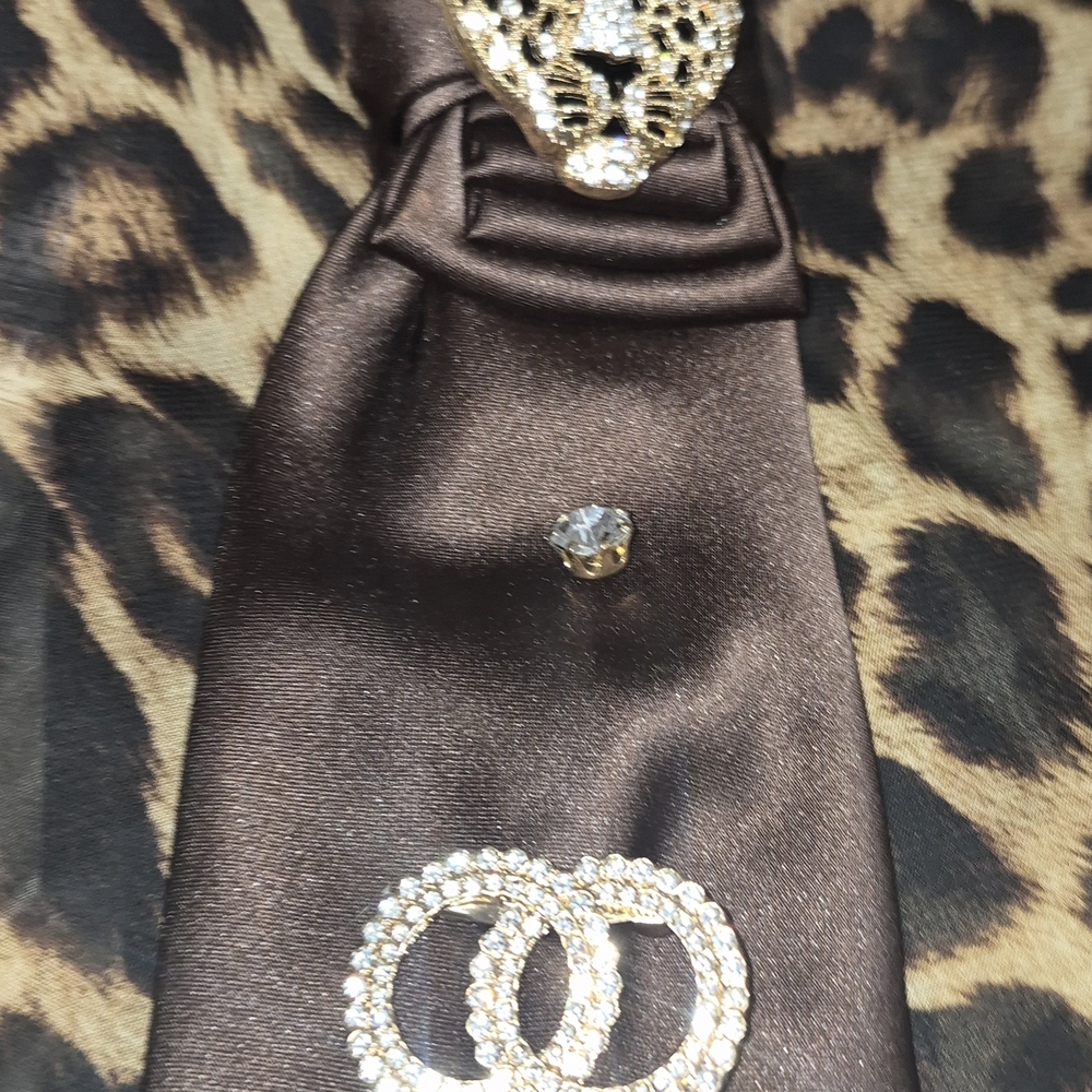 Elegant Brown Necklace Tie with Tiger Rhinesstone Brooch